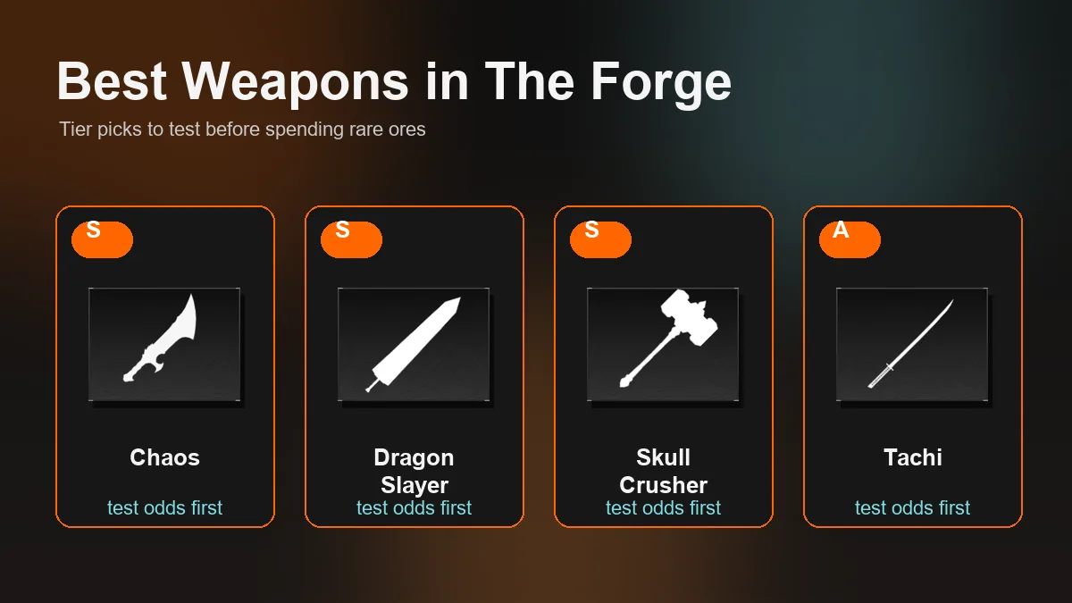The Forge best weapons tier guide showing top weapon icons