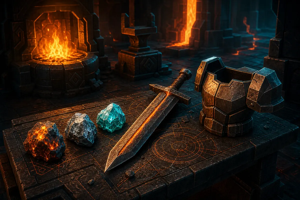 Editorial illustration of a fantasy forge table with ores, a sword, and armor