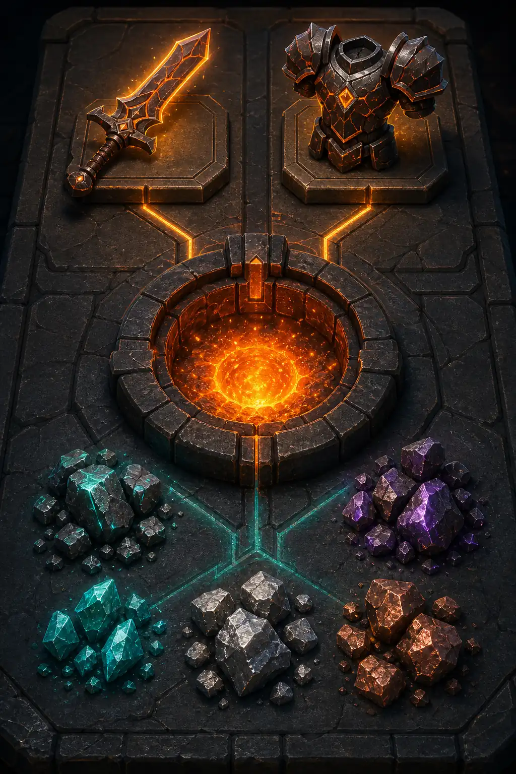 Concept illustration showing ore groups feeding a forge and branching to weapon or armor outcomes