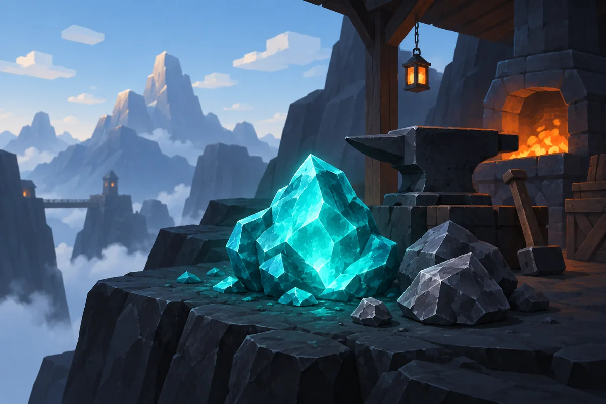 Editorial illustration of a turquoise Cryptex-like crystal beside a forge on a Peak mountain ledge