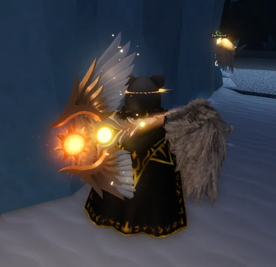 Community wiki screenshot of a player holding the Heavenly Pickaxe in The Forge