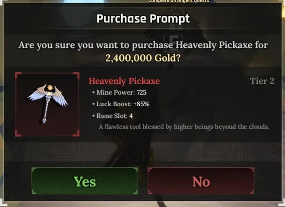 Community wiki screenshot showing Heavenly Pickaxe purchase information in The Forge