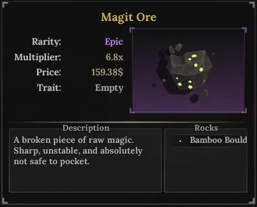 Magit ore index entry from The Forge showing rarity, multiplier and Bamboo Boulder source