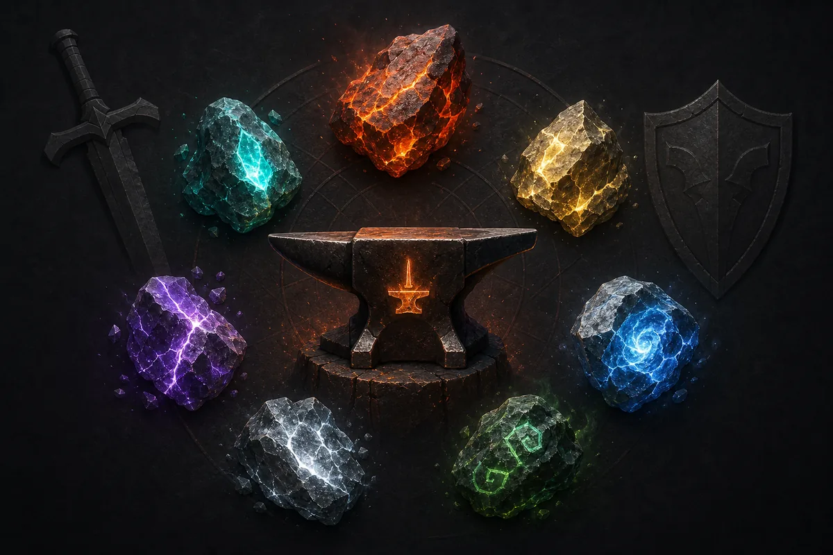 Editorial illustration of glowing ores around a forge anvil with sword and shield silhouettes