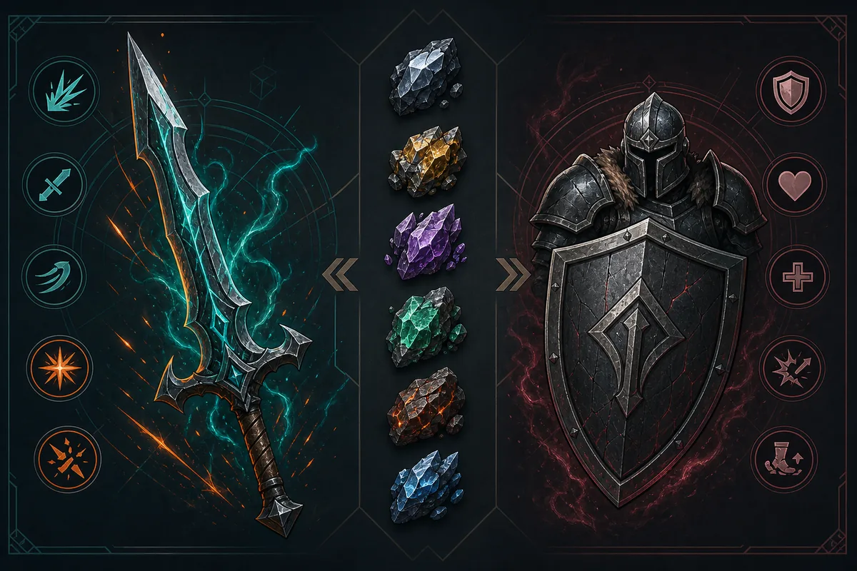 Editorial comparison of offensive weapon traits and defensive armor traits using colored ore energy