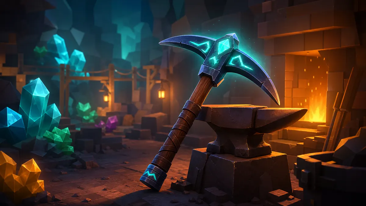 Editorial The Forge pickaxe guide art showing a glowing pickaxe beside a forge and crystals
