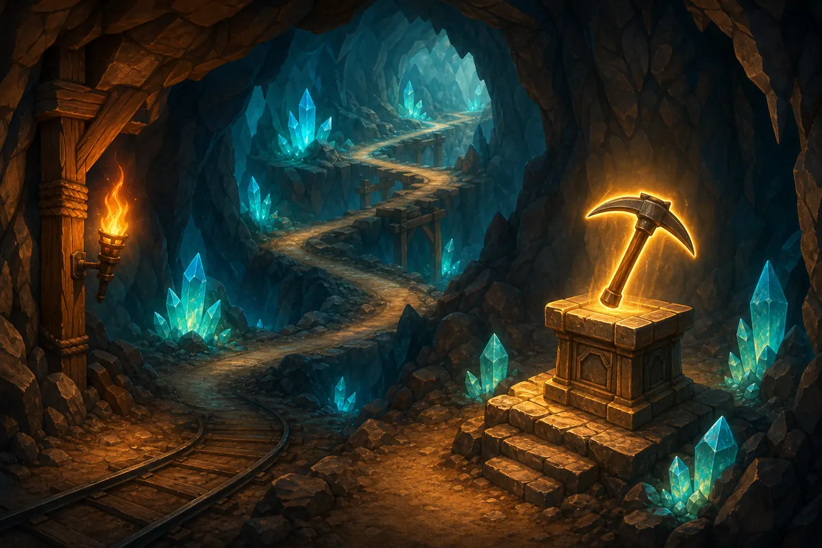 Editorial mine route art showing a cave path toward a pickaxe upgrade point