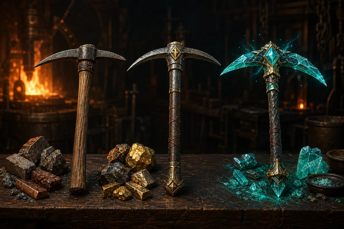 Editorial comparison art showing basic, mid-game, and arcane pickaxes on a forge workbench