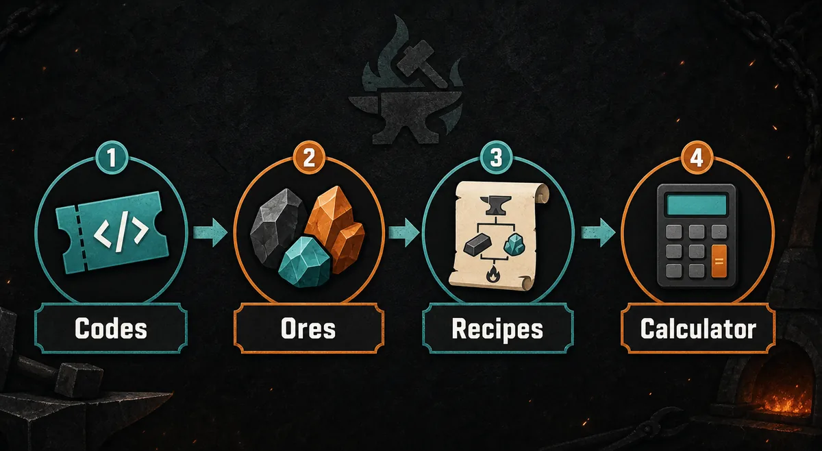 Timeline graphic showing The Forge update checks for codes, ores, recipes, and calculator retesting
