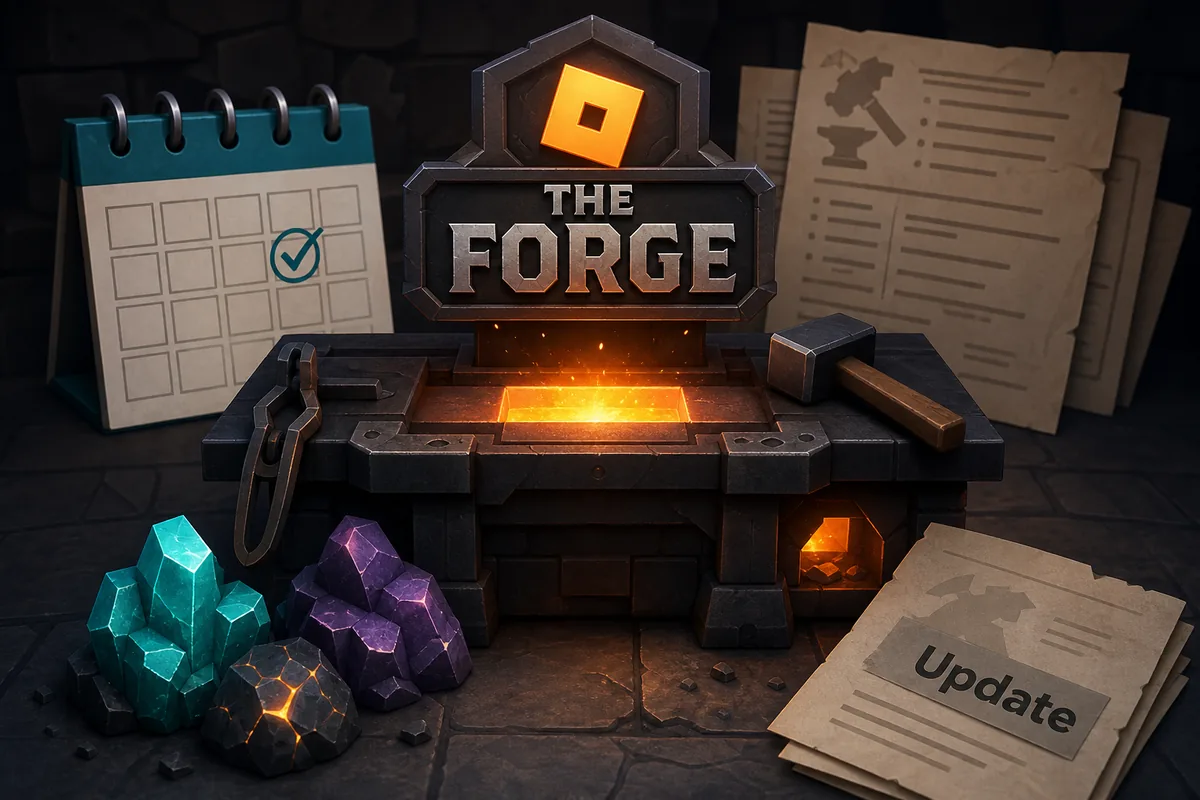 Editorial illustration of The Forge update checklist with ores, a calendar, and forge notes