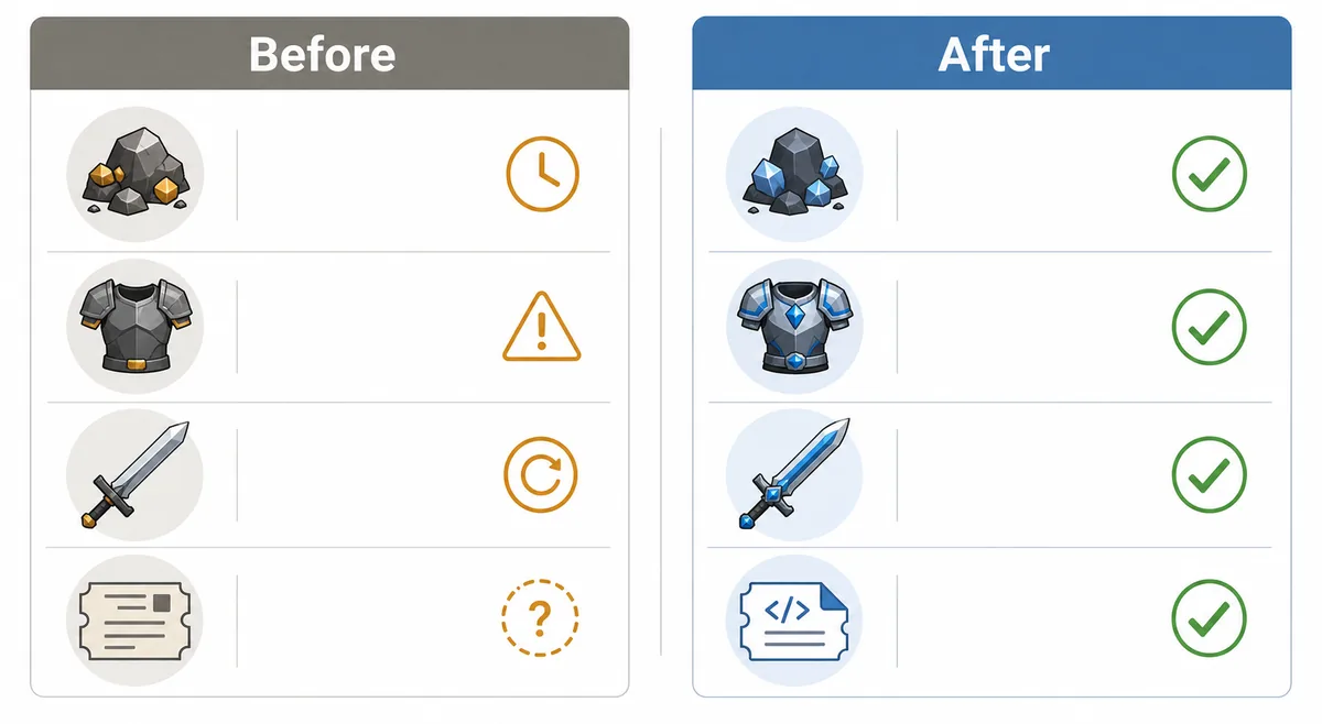 Comparison graphic showing before and after patch effects on ores, armor, weapons, and code rewards